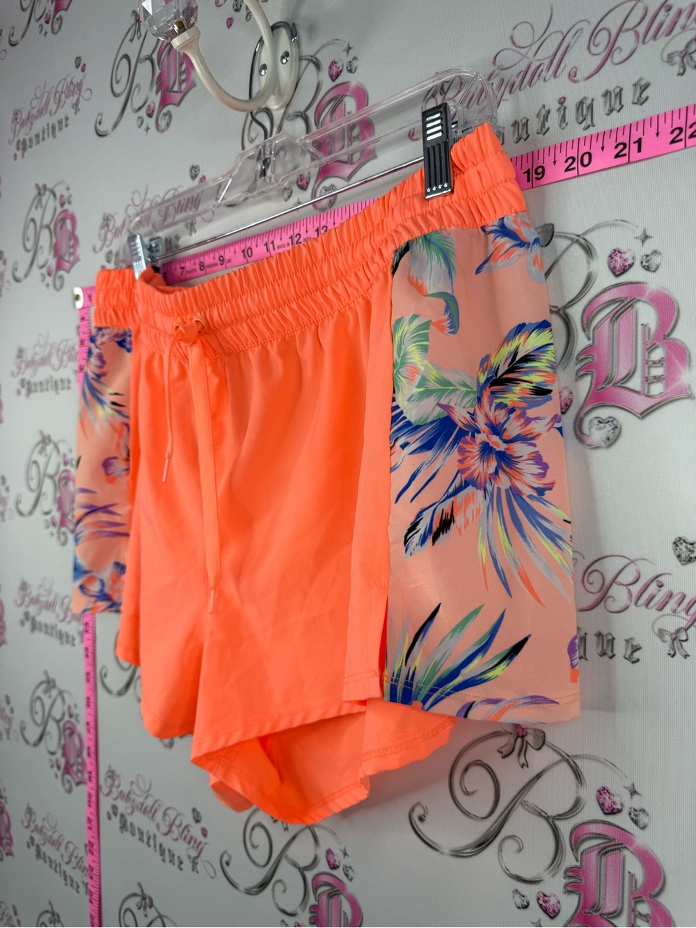 George shorts bright Neon Coral Athletic Shorts with Floral Side Panels - Picture 4 of 8